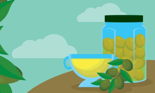 Illustrazione di una tazza di olio e barattolo di olive