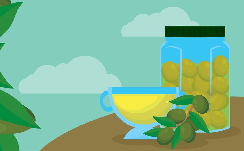 Illustrazione di una tazza di olio e barattolo di olive